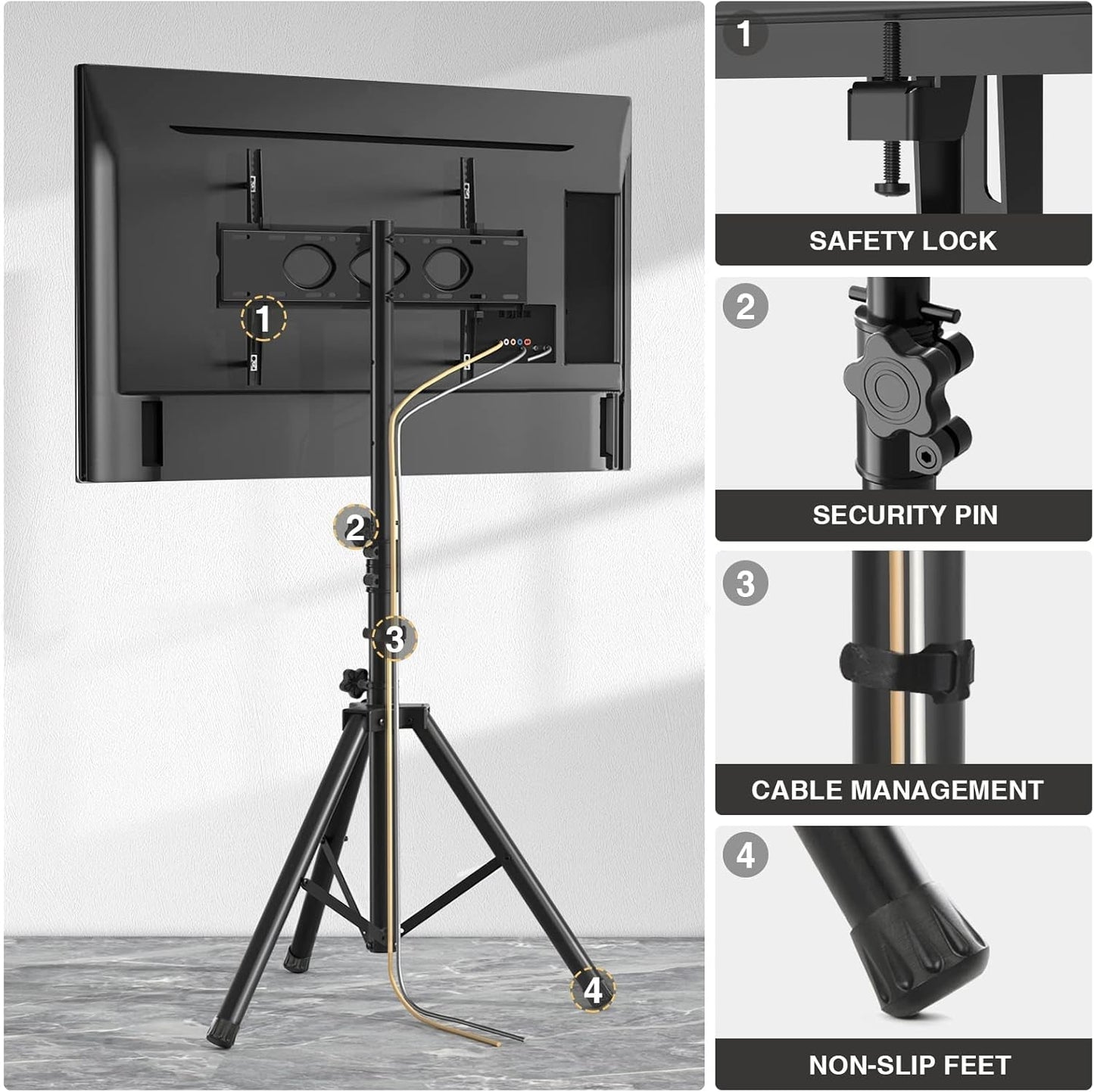 Tripod TV Stand For 23-75 Inch TVs Tilt 15 Degrees