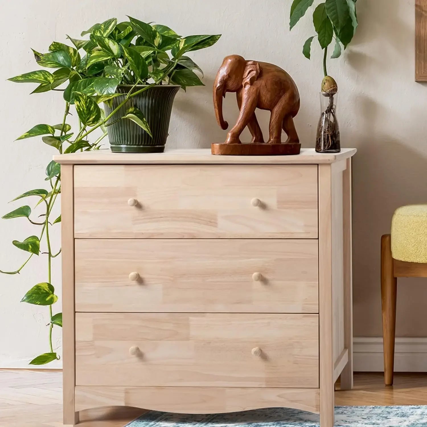 Unfinished Solid Wood Dresser Color DIY, 3 Drawer Dresser for Bedroom, Natural Rubber Wood Chest of Drawers, Baby Dressers