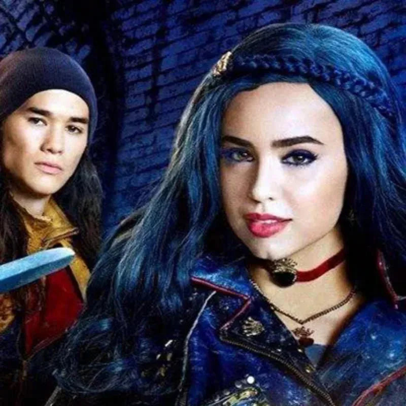 AA wat Descendants 2 Evie Blue Long Wavy Cosplay Costume Heat Resistant Synthetic Hair Party Role Play Wigs Wig C2025 New