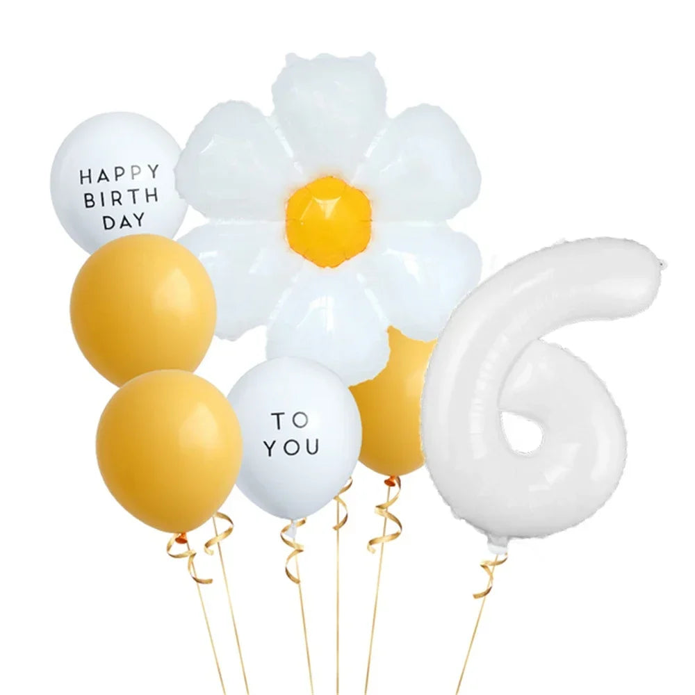 8pcs White Daisy Balloon Set With 32inch 1-9 White Number Ballon For  Daisy Themed Birthday Party Decor Kids Toys Helium Globos