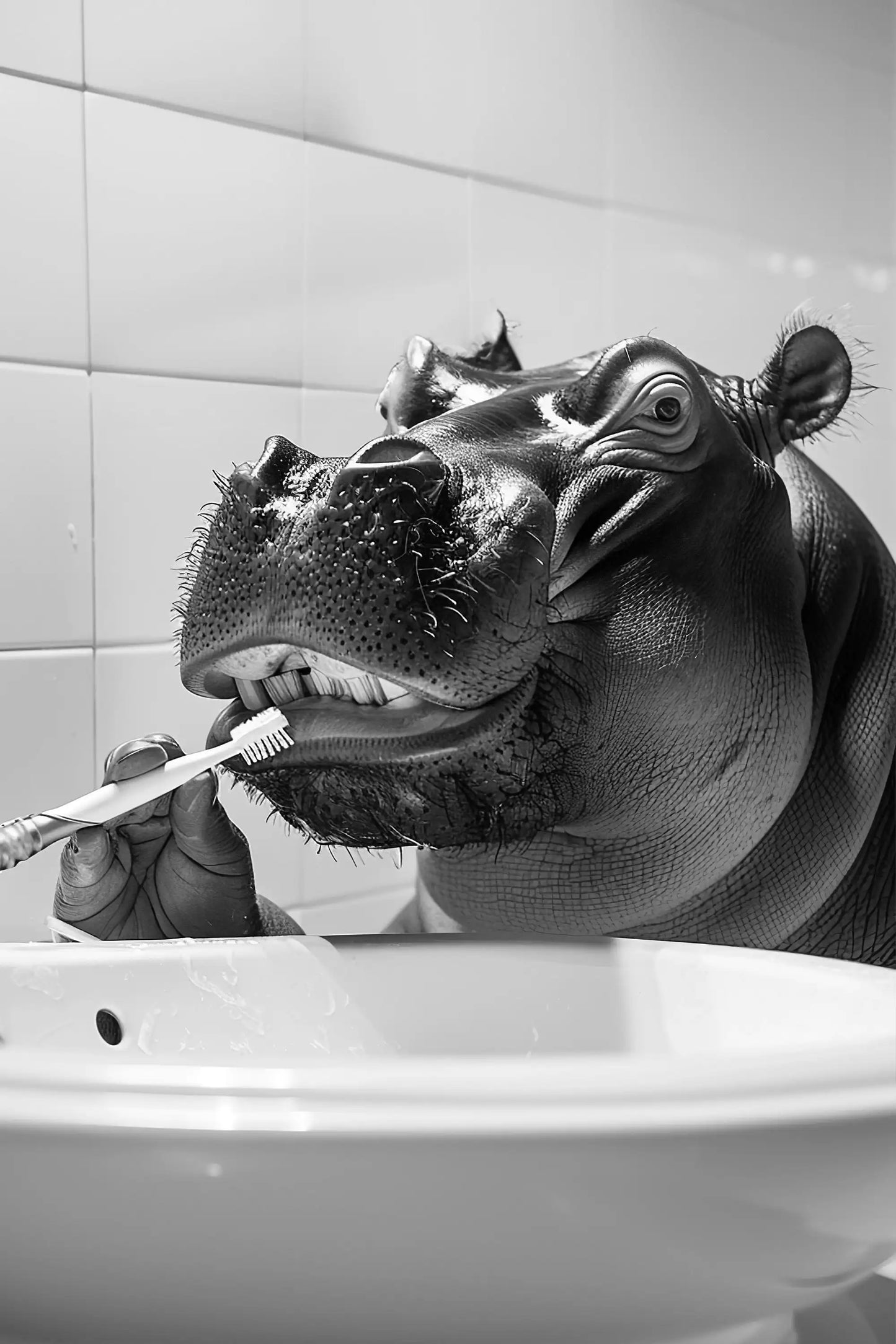 Black And White Cartoon Abstract Cute Animals Duck Hippo Panda Alpaca Brush teeth Posters Canvas Prints Art Home Room Wall Decor