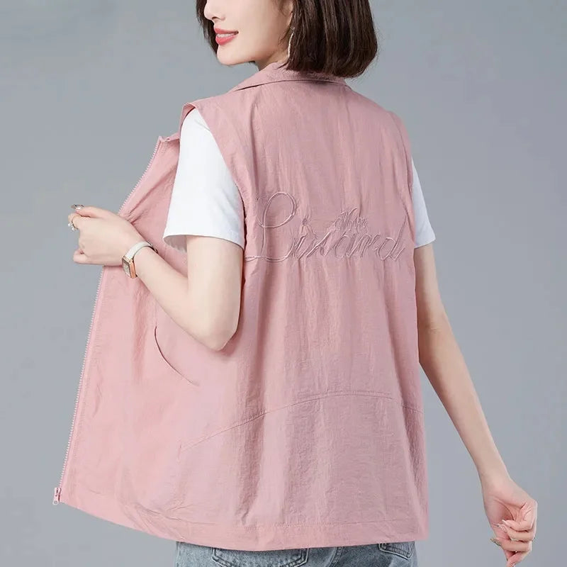 New Spring Summer Thin Blue Vest Women Lined Casual Sleeveless Jacket Basic Coats Turndown Collar Zipper Waistcoat Female Tops
