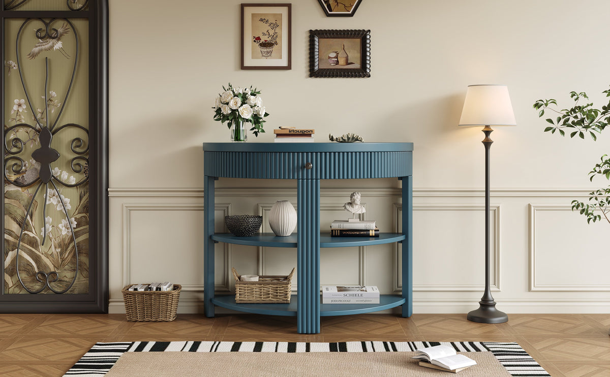 Fluted Half Moon Console Table with Drawer and 2 Shelves for Entryway,