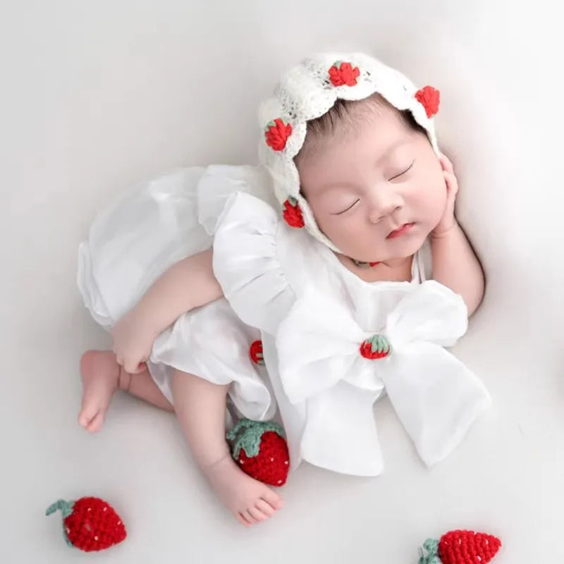 ❤️Baby Girl Photography Clothing Knit Hat+Dress+Strawberry Infant Photo Props Accessories Studio Shoot Clothes Outfits