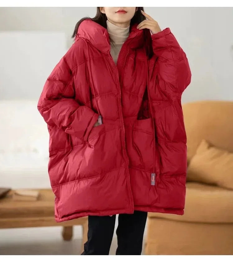 2024 New Down Jacket Women White Duck Coat Casual Loose Oversize Autumn Winter Warm Outerwear Hood Korean Style Coat Office Lady
