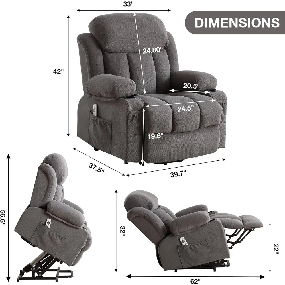 Power Lift Recliner Chair with Heat and Massage Electric Fabric Recliner Chair for Elderly with Side Pocket, USB Charge Port,