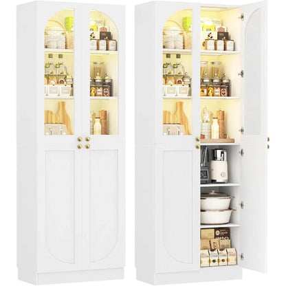 Pantry for kitchen use, tempered glass doors, black finish, motion sensor lighting