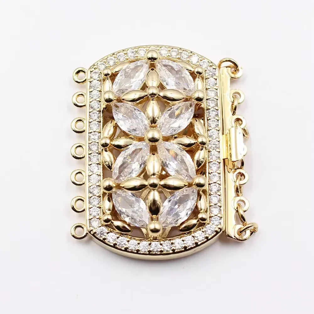 33x42mm 1 Pcs 7 Rows Rectangle Clear Crystal Copper CZ Gold Plated Clasp For Pearl Necklace Bracelet Making DIY Craft Accessorie