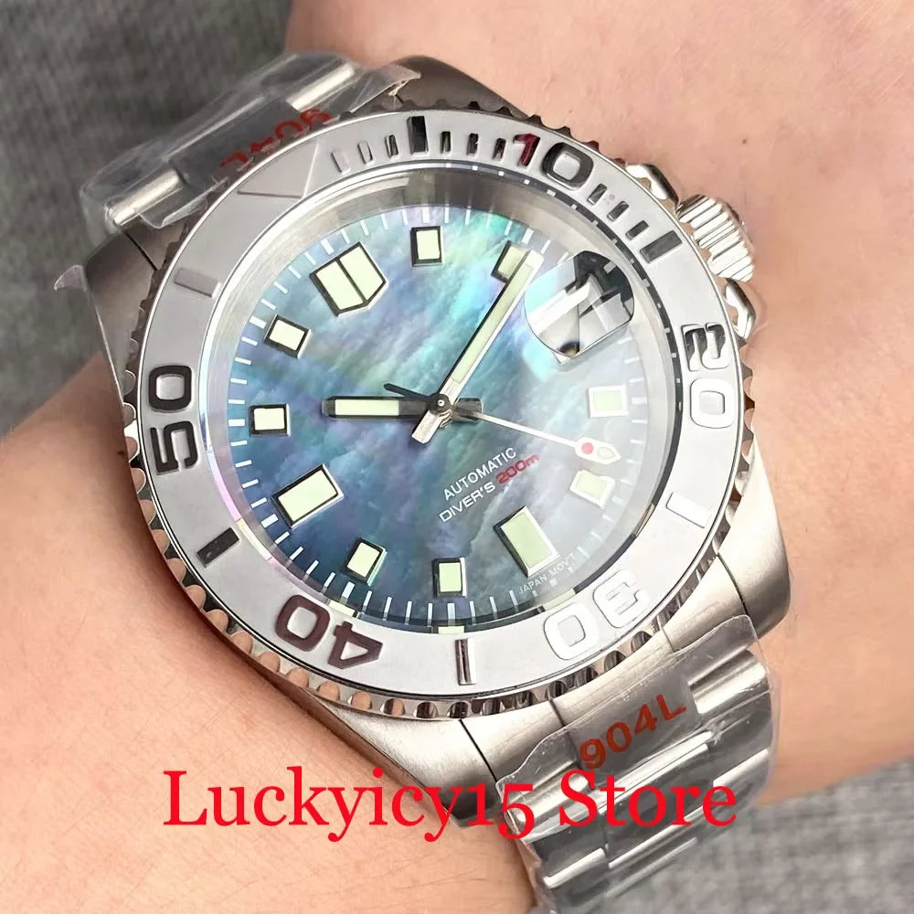 Customized NH35A Automatic Mechanical Watch Men Black Mother of Pearl Dial Luminous 200mWaterproof 40MM Brushed Case Date Cyclop