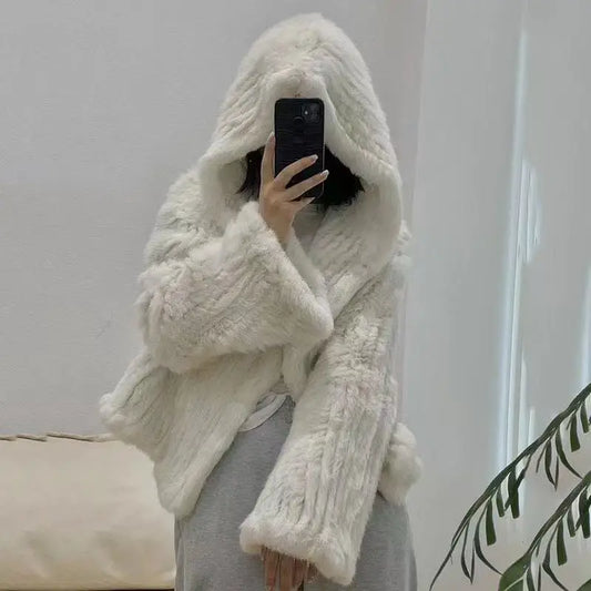 Real Fur Coat Women Korean Fashion Winter Natural Rabbit Hair Hand-Woven Hooded Jacket Female Lazy Loose Short White Ropa Mujer