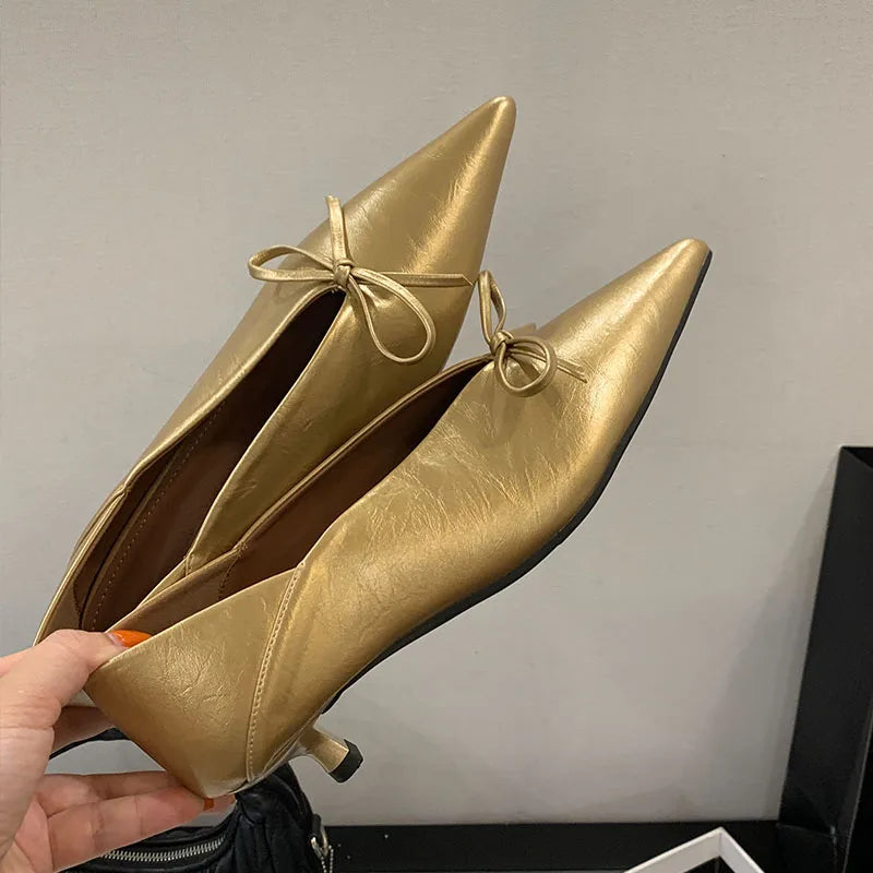 2025 New Fashion Butterfly-Knot Women Low Heels Pumps Shoes Shallow Female Slip On Footwear Pointed Toe Ladies Heeled Shoes