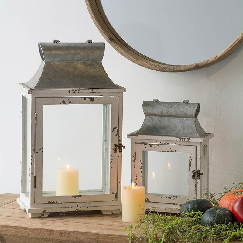 Set of 2 White Wood & Metal Hurricane Candle Lanterns