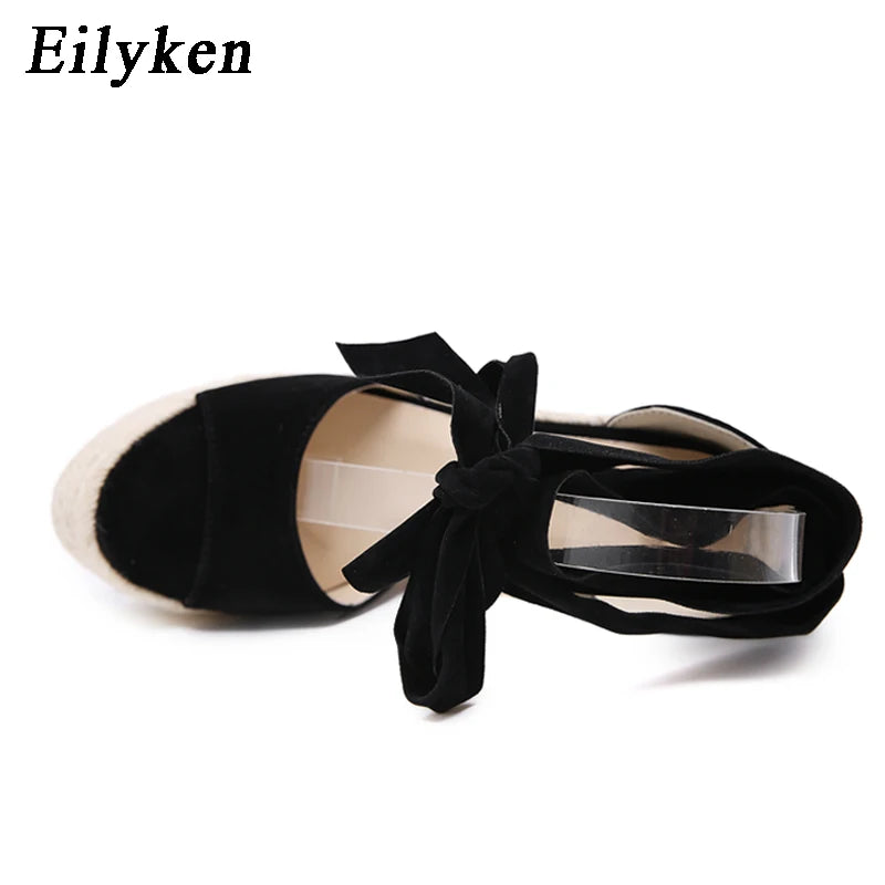 EilyKen Women Summer Butterfly Knot Solid Black Open Toe Sandals Fashion Platform High Heel Wedge Shoes Ankle Bowtie Dress Pumps