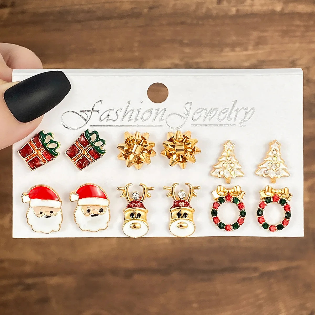 6 Pairs New Christmas Set Cross border Hot Selling Cartoon Dripping Oil Elk Santa Claus Christmas Tree Earrings for Women