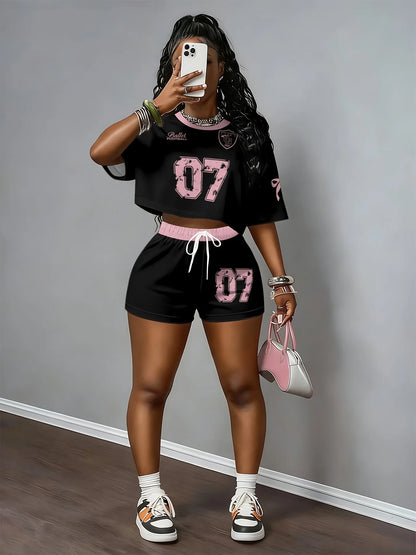 2026 New Short-Sleeve T-Shirt Set Crew Neck Casual Retro Print Hip-Hop Trend Crop Top Two-Piece Set Outdoor Sports Set