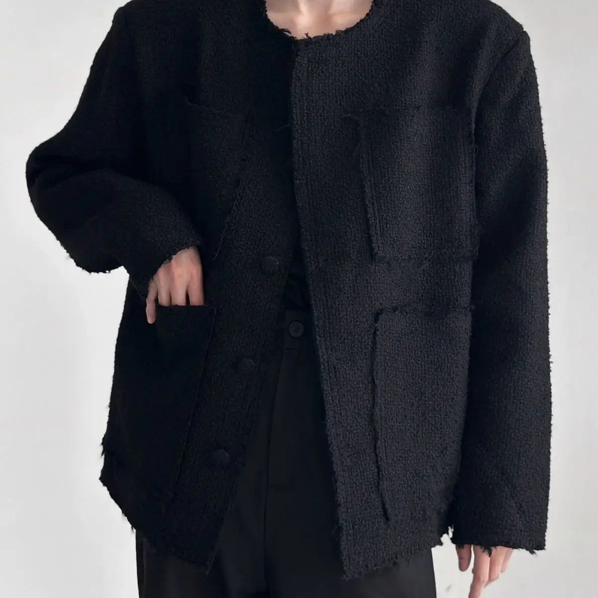 Men's Luxury 4-Pocket Tweed Jacket Korean Streetwear Raw Edge & Woven Oversized Blazer Edgy Spring Autumn Chic Loose Fit Coat