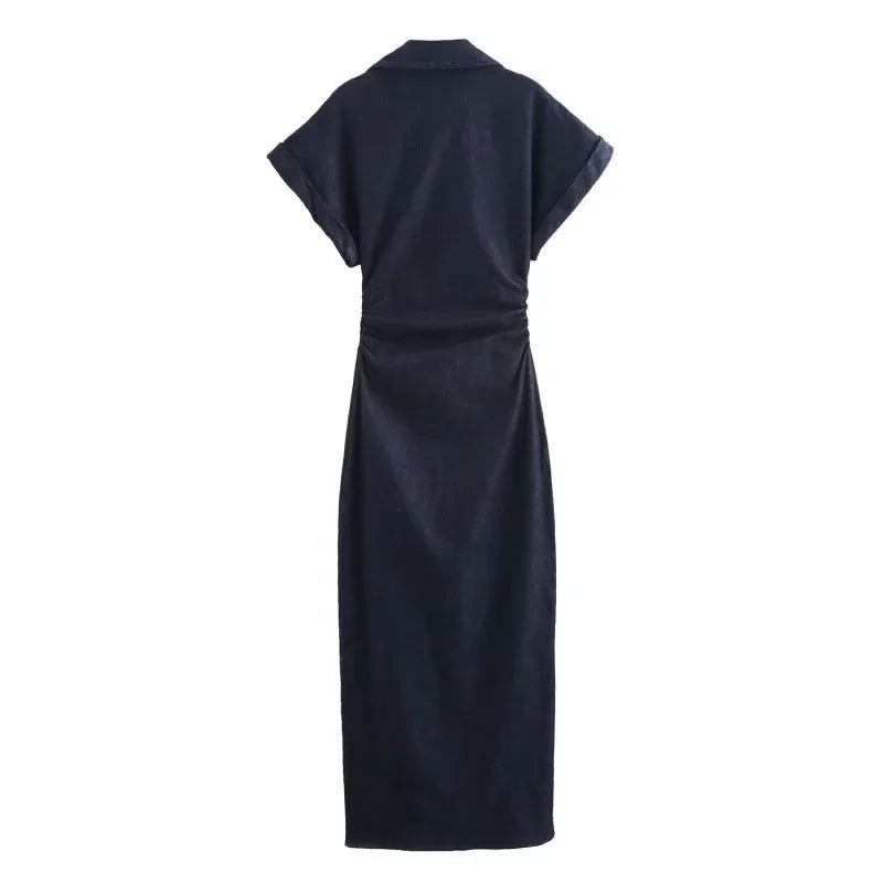 2025 traf Spring New 1975 series denim MIDI dress with lapel side zipper fashion wrinkle waist slim elegant dress