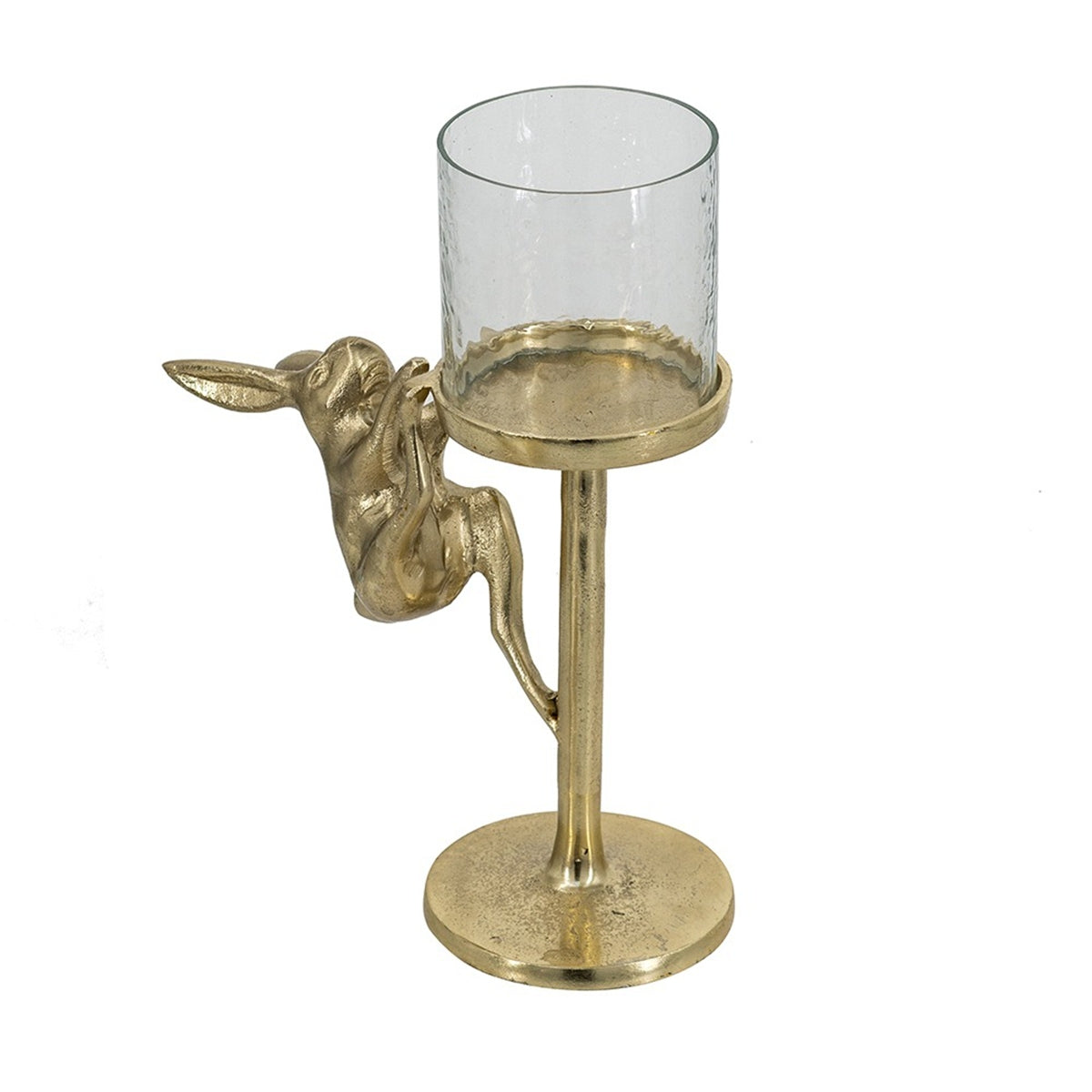 Gold Rabbit Pillar Candle Holder with Glass Hurricane, 11 in Tall