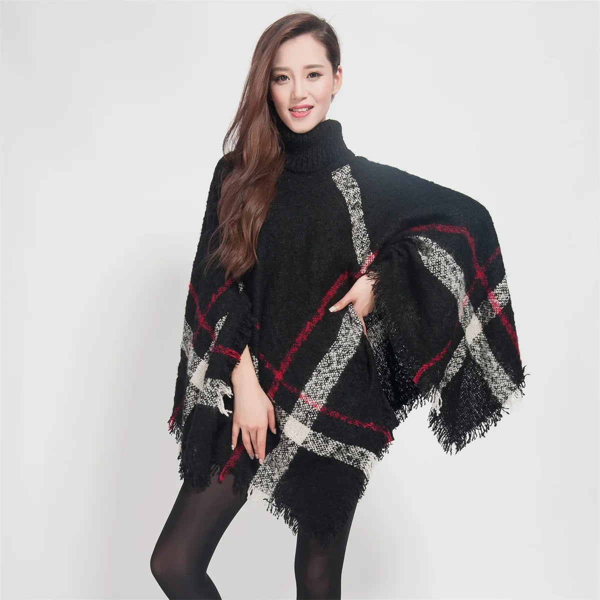 New Women Autumn Winter Striped Knitted Poncho Shawl Sweater Overcoat Streetwear Thick Warm High Neck Loose Knitwear Long Coat
