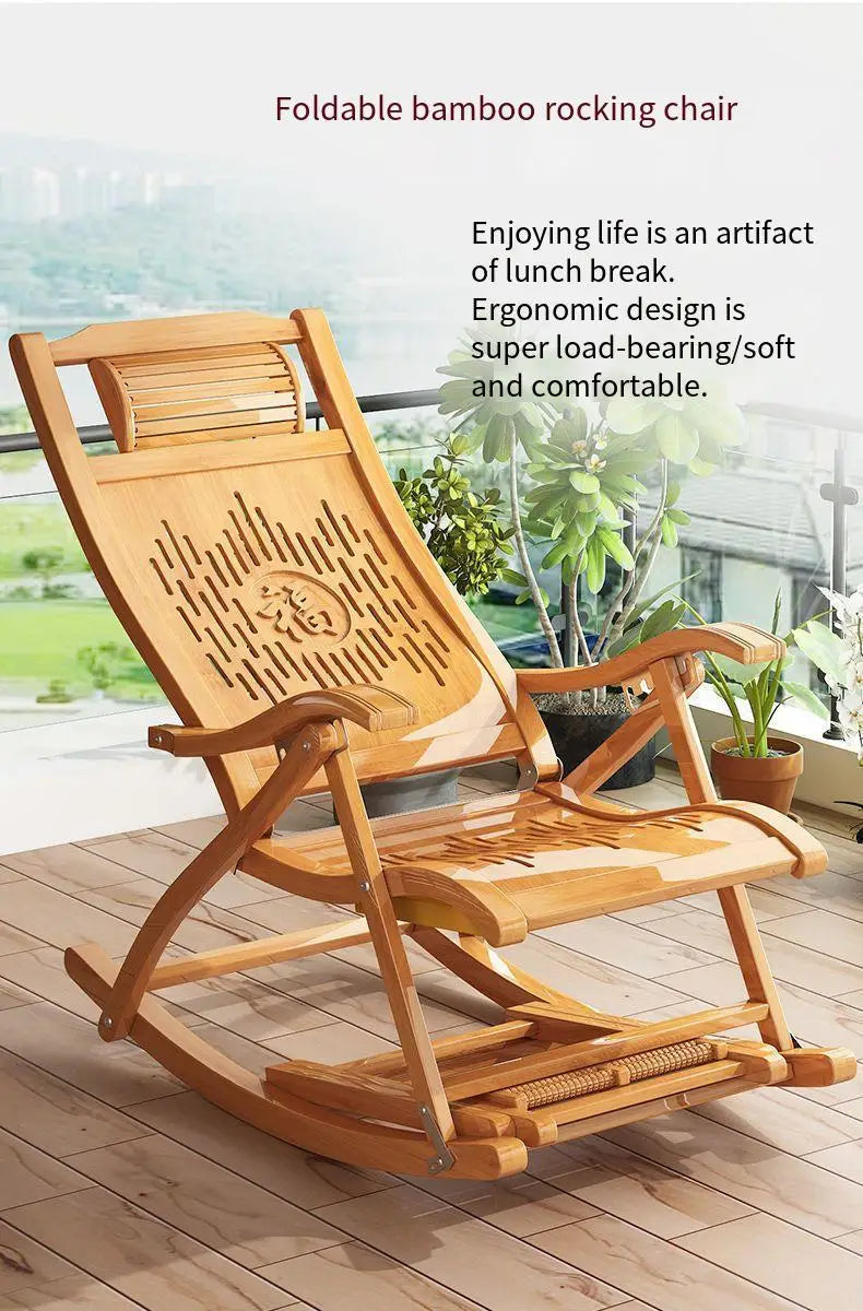 Vintage Cane Rocking Chair for Seniors - Traditional Chinese Style Taishi Chair, Bamboo and Cane Weaving Rocking/Lounge Chair, L