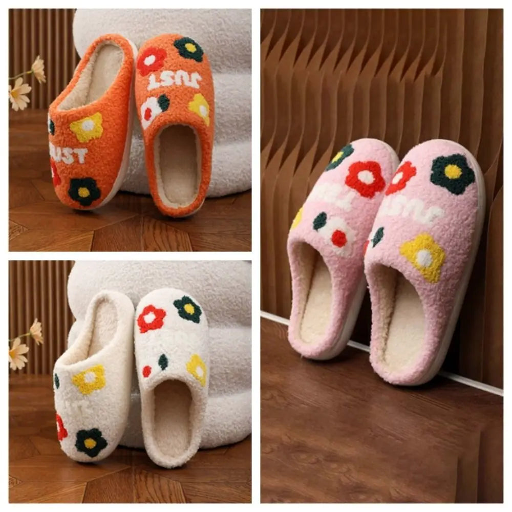 Soft Flowers Cotton Slippers Fluffy Slides Thickened Winter Warmer Slippers Cartoon Green Haired Warm Home Cotton Shoes Men