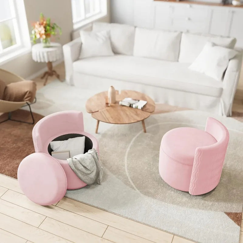 360° Swivel Accent Chair with Storage, Vanity Stool with Back,Velvet Storage Ottoman,Upholstered Round Barrel Vanity Chair(Pink)
