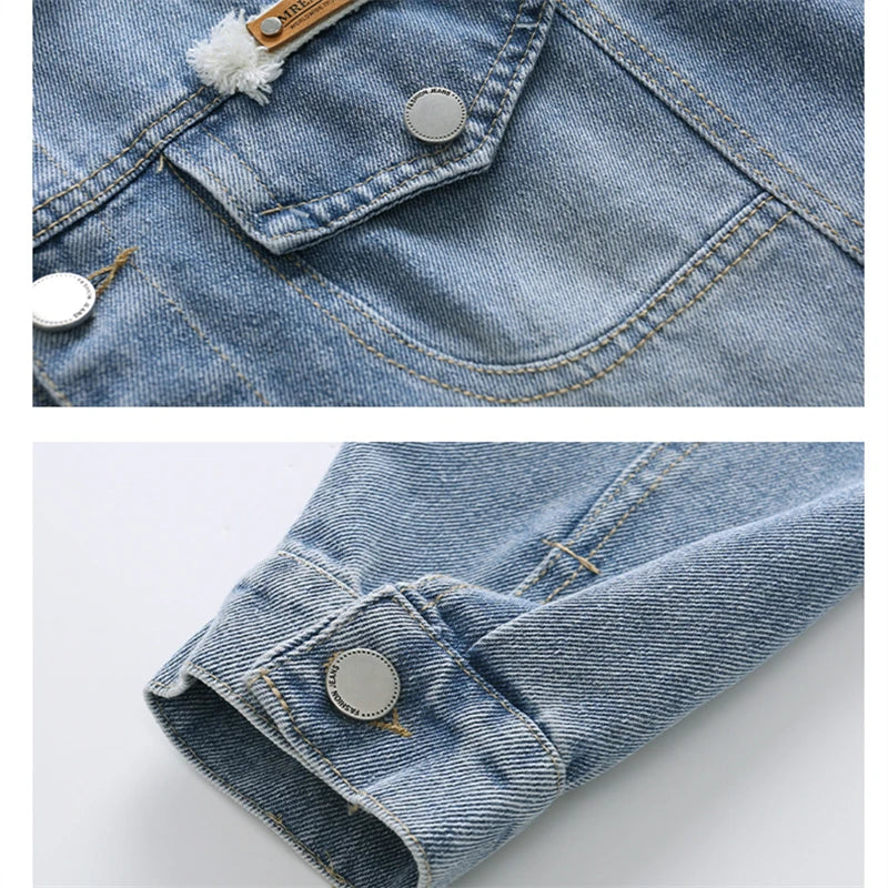 2025 Spring Autumn Children Blue Washed Denim Jacket For Boys Loose Long Sleeve Button Up Back Pockets Fashion Jeans Jacket Coat