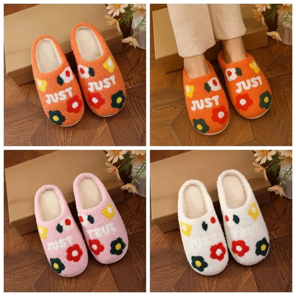 Soft Flowers Cotton Slippers Fluffy Slides Thickened Winter Warmer Slippers Green Haired Furry Warm Home Cotton Shoes Bedroom