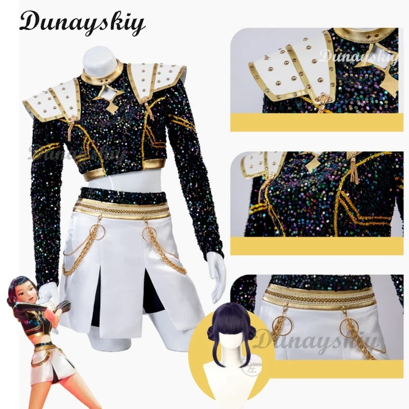 Zoey Cosplay Anime KPop Demon Hunters Costume Wig Coat Skirt Neckwear Tassels Props Huntrix Dress For Women Girls Huntrix Party