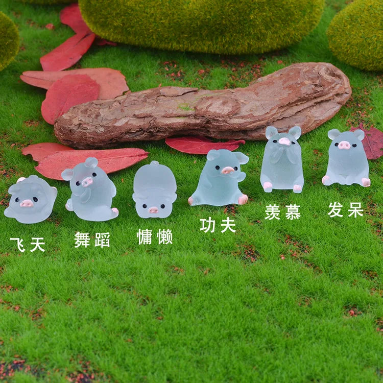 6Pc/set Mini Resin Glow Pig Mini Portrait Mini Fairy Garden Landscape Aquarium Decorative Pot DIY Christma Birthday Party Decor