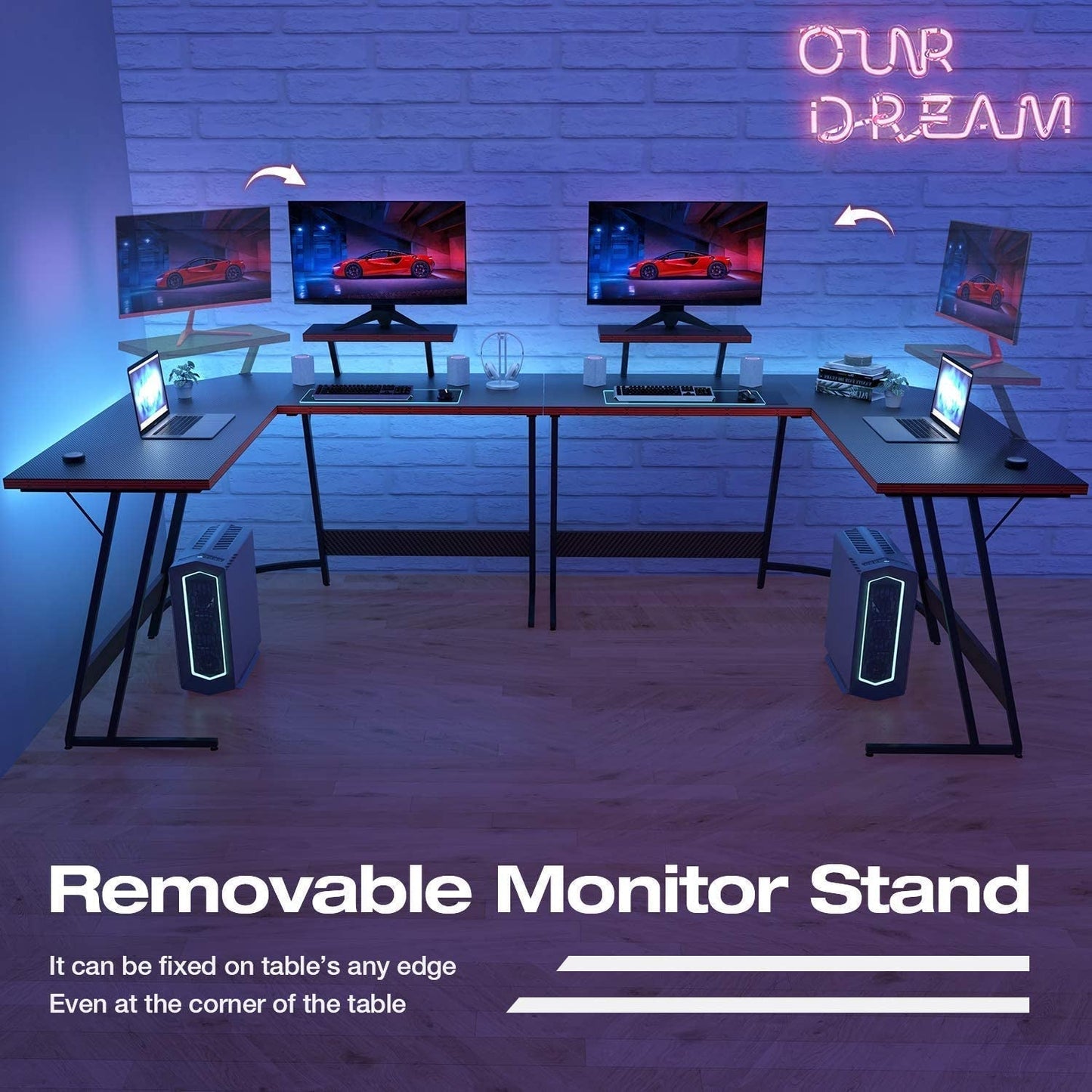 L Shaped Gaming Desk With Monitor Riser 51 Inch Corner Desk