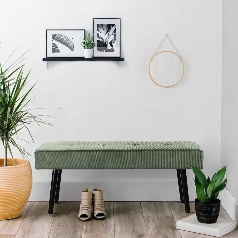 Modern Corduroy Entryway Bench Green Ottoman End of Bed Organizer Padded Seating for Bedroom Living Room Foyer