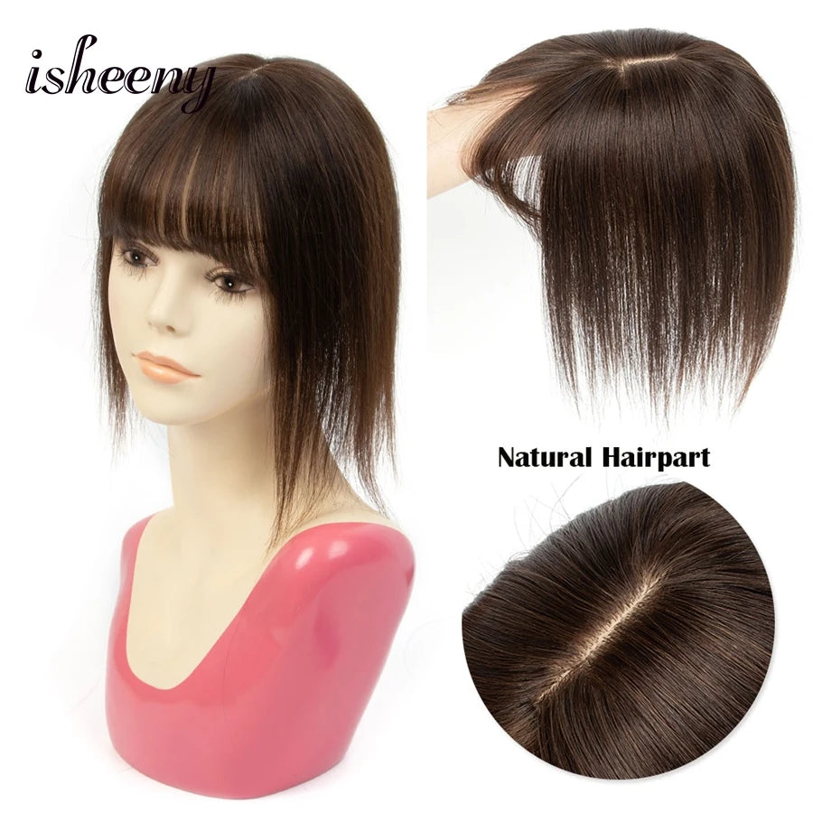 isheeny Dark Brown Human Hair Toppers 8x12cm Real Natural Invisible Top Hairpiece 8-14 inches Black Blonde Clip In Hair Piece