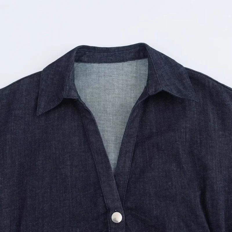 2025 traf Spring New 1975 series denim MIDI dress with lapel side zipper fashion wrinkle waist slim elegant dress