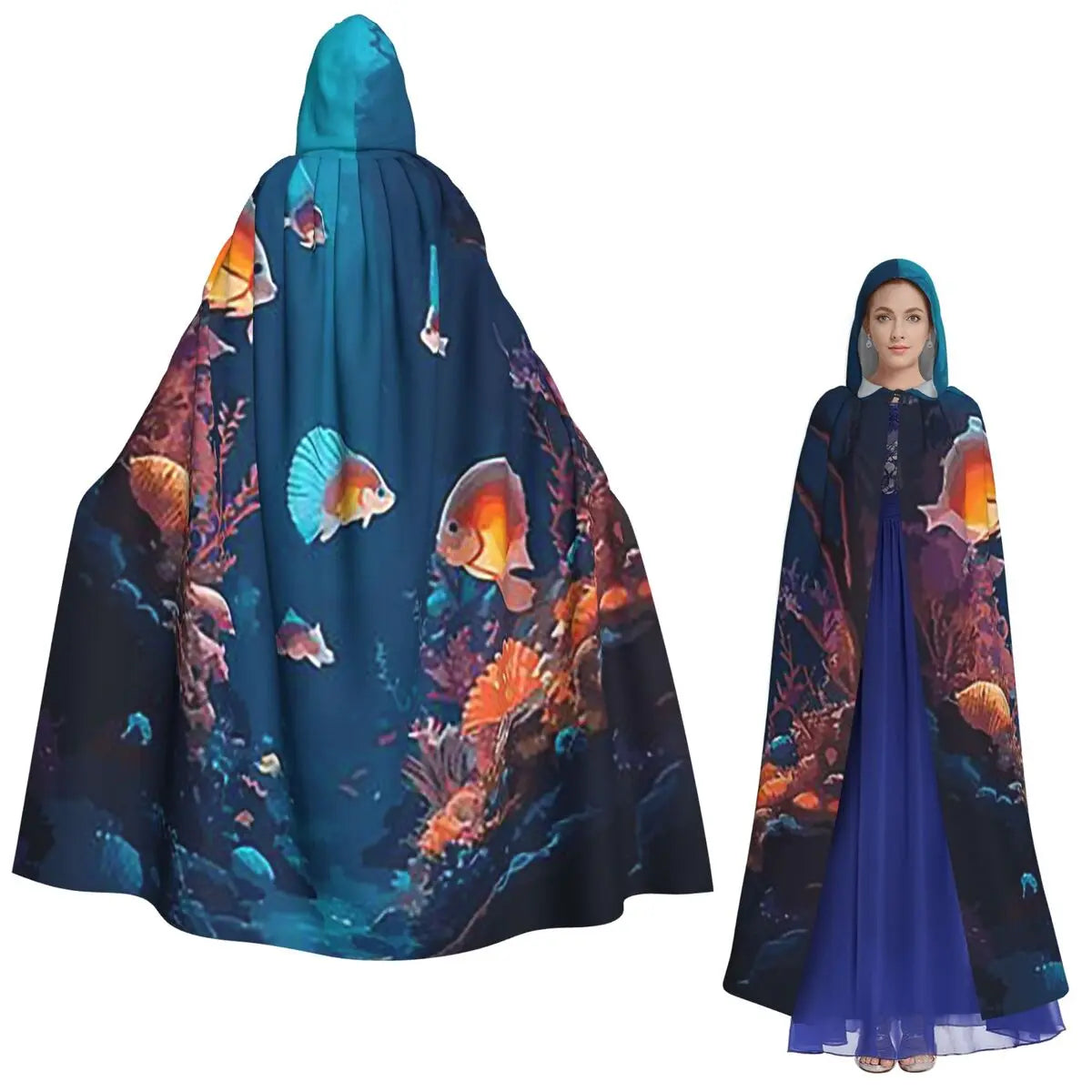 Underwater World Tropical Fish Long Hooded Cloak Witch Medieval Costume Cosplay Cape HalloweenCoat Adult Unisex