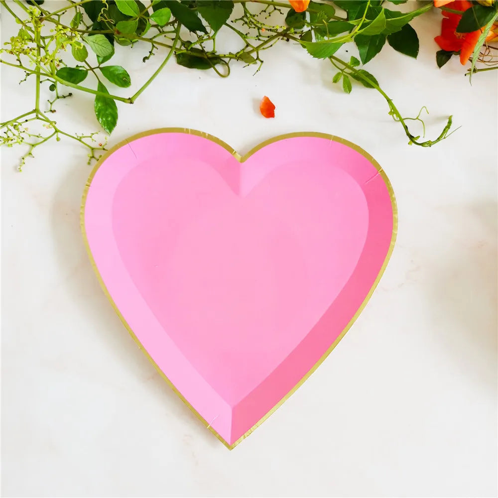 40pcs Rose Heart Shape Disposable Tableware Rose Heart Plate Cup Napkin For Wedding Valentine's Day Party Decoration Supplies