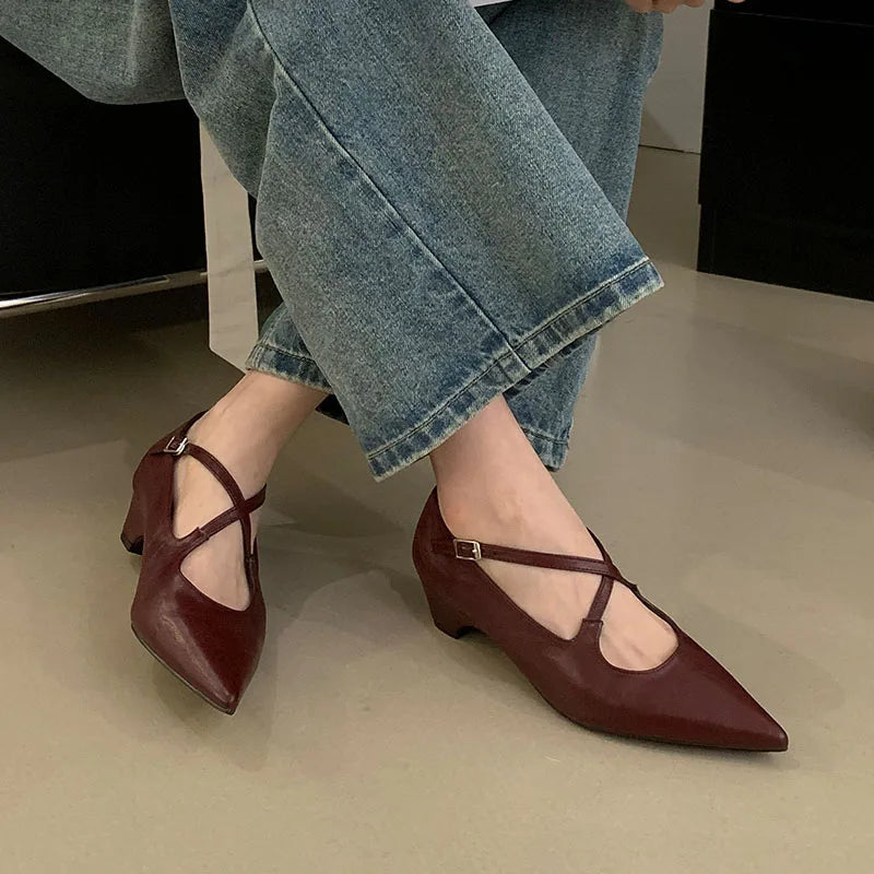 2025 New Fashion Buckle Strap Pumps Women Low Heel Shoes Female Shallow Footwear Pointed Toe Ladies Mary Janes Heeled Shoes