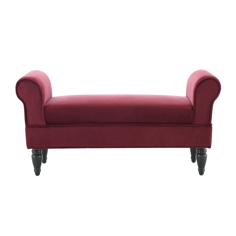 Stylish Upholstered Bench Living Room Bedroom Entryway Cushioned Seating Dark Mahogany Legs Rolled Sides Indoor Use Assembly