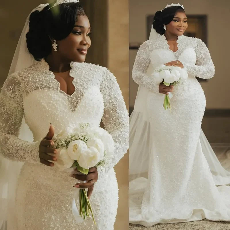 New Luxury Plus Size African Mermaid Wedding Dress Long Sleeve V Neck Lace Beaded Lace Bridal Dress Vestido De Novia Customized