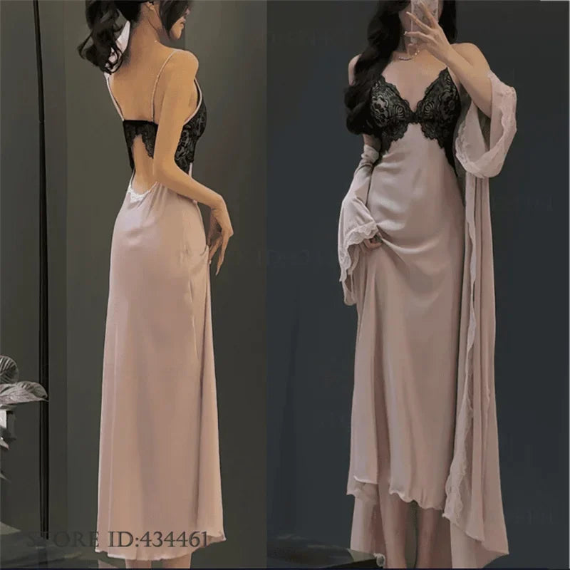 Sexy Women's Nighty&Robe Set Long Kimono Bathrobe Gown Spring Summer New Sleepwear Home Dress Satin Backless Nightgown Lingerie