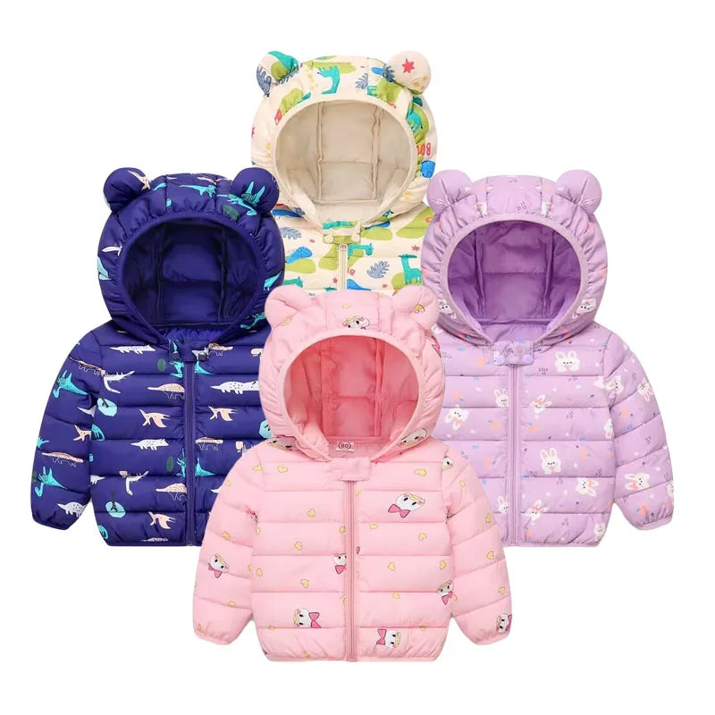 Children's Cotton Coat Baby Cartoons Down Jacket Boys Hooded Colthing Girls Warm Winter Clothes Toddler Kids Outerwear 0-5Y