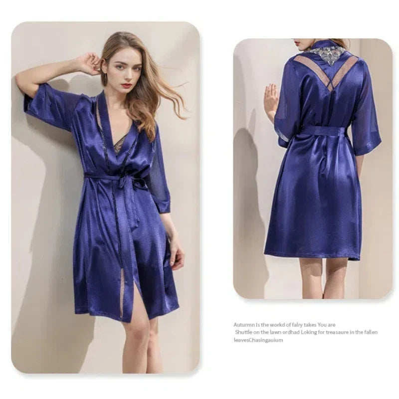 Midi Silk Nightgown 100% Mulberry Silk Sheer Lace Robe Sexy Nightwear Bathrobe Morning Gown Half Sleeves Satin Robes Lingerie