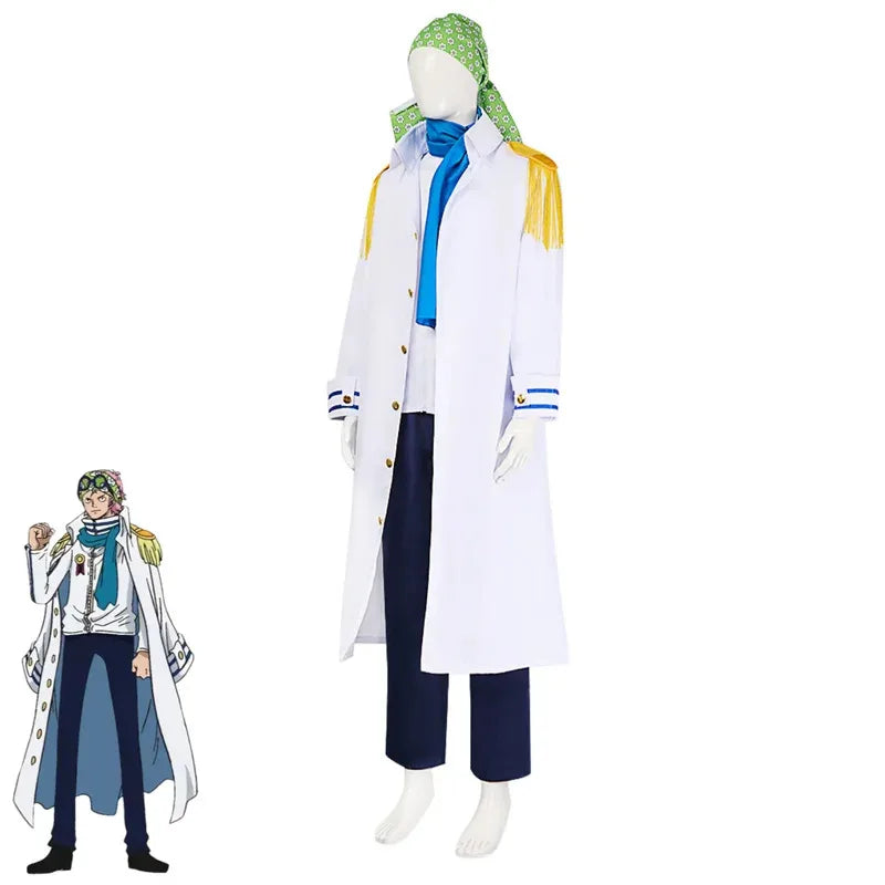 asdh8@Anime Coby Cosplay Costume Marine Sword Member Military Uniform White Long Cloak Coat Scarf Adult Man Halloween Carnival S