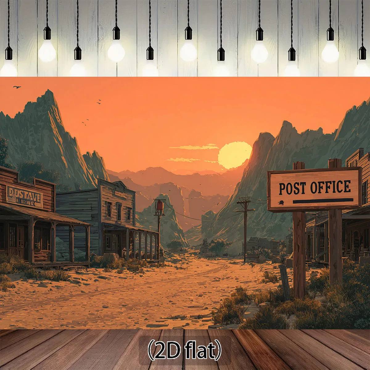 1 Wild West sunset background banner - featuring rugged mountains, post office logo and sunset sky - durable polyester