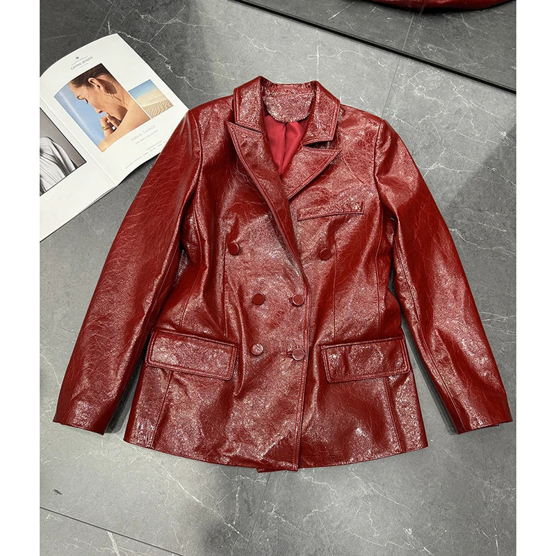 Women's Genuine Leather Sheepskin Coats Autumn Lapel Two Buttons Burgundy Long Loose High-Grade Waxed Goatskin Suit Jacket Lady