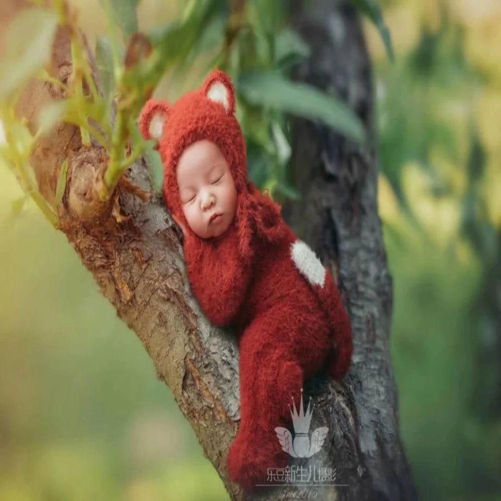Hand Knitted Wolf Pup Footed Outfit Set Baby Boy Animal Romper Newborn Photography Prop Fuzzy Crochet Teddy Bear Overall Clothes