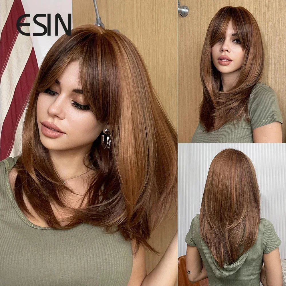 ESIN Synthetic Dark Brown Wig Long Wave Wigs for Women Hair Wig With Bangs Heat Resistant Party Daily Natural Use