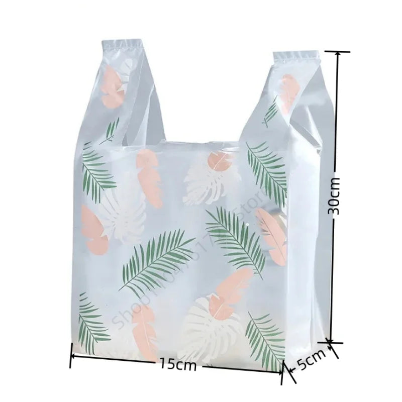 50Pcs Thickened Hand-held Plastic Bags Fashion Feather Pattern Vest Bag Supermarket Store Shopping Bag Wedding Party Candy Bags