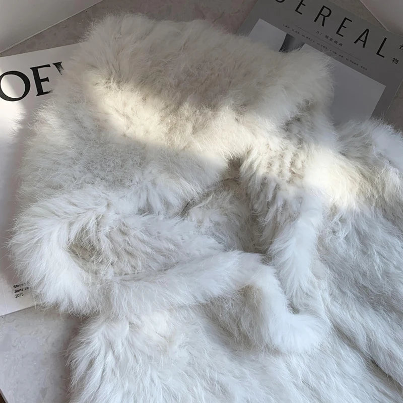 Real Fur Coat Women Korean Fashion Winter Natural Rabbit Hair Hand-Woven Hooded Jacket Female Lazy Loose Short White Ropa Mujer