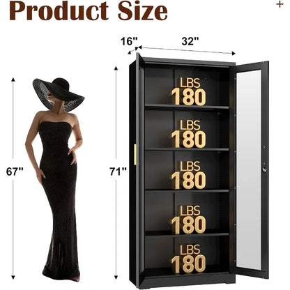 71 Glass Display Cabinet with Lock for Living Room, Tempered Glass, Black, Secure Storage and Elegant Showcase Design